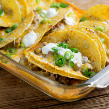 Easy beef taco casserole in a casserole dish.