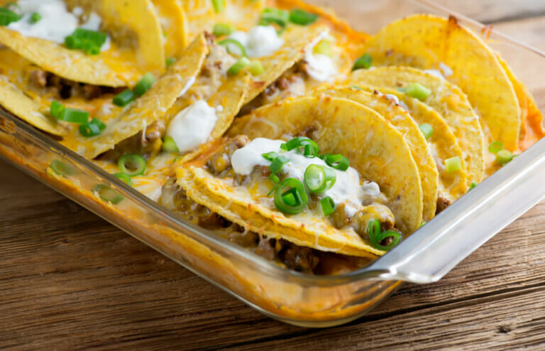 Easy beef taco casserole in a casserole dish.