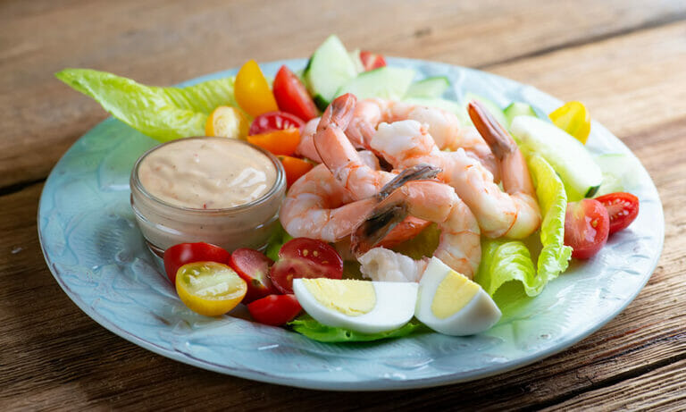 Plate of classic shrimp louie salad.