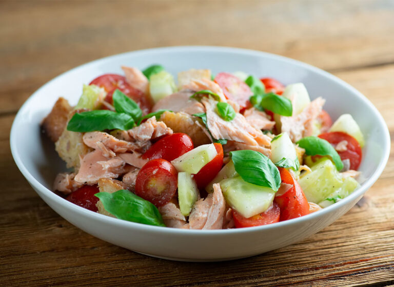 Salmon Panzanella in a bowl.