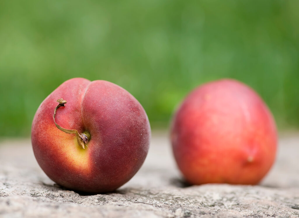Two fresh peaches on a stone counter.