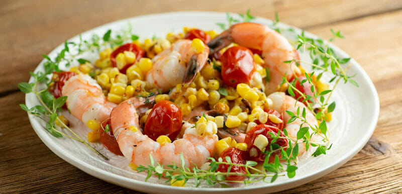 easy charred corn and tomato shrimp salad