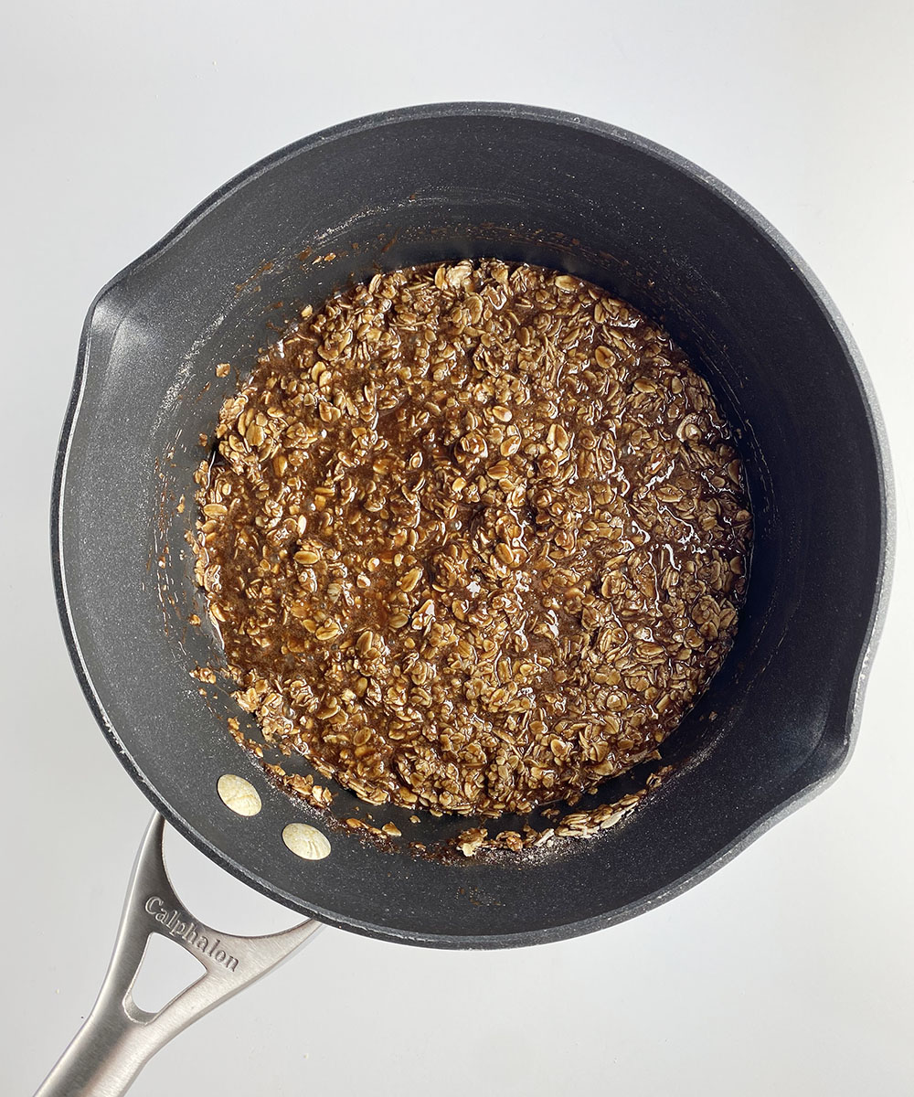 Chocolate haystack cookie mix in a pot.