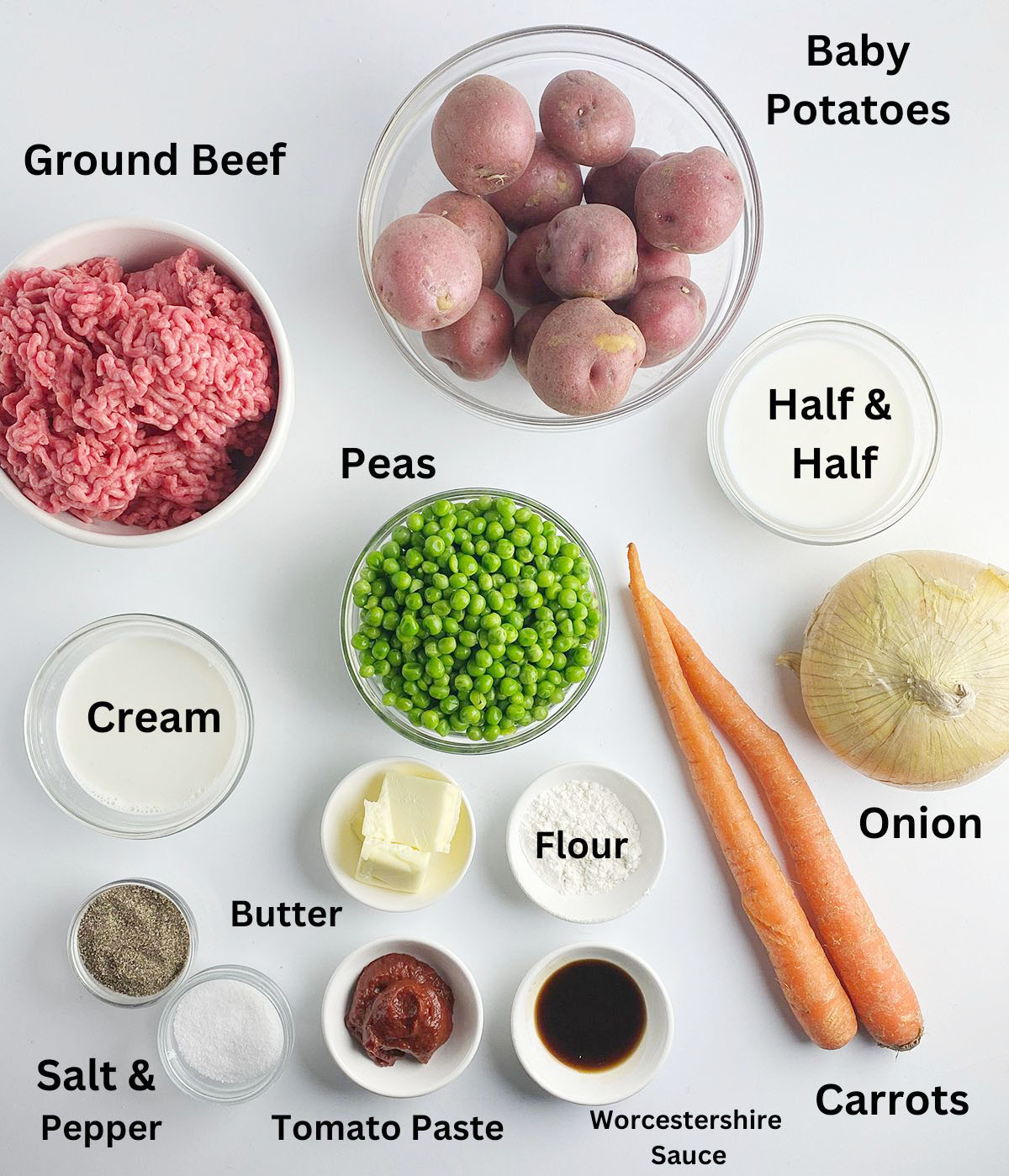 Ingredients needed to make upside down shepherd's pie.