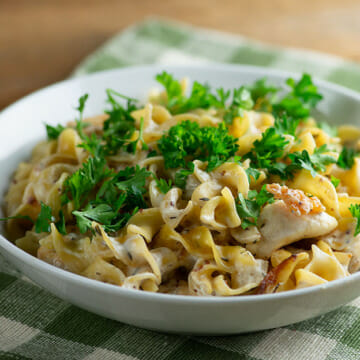 Chicken stroganoff in a bowl.
