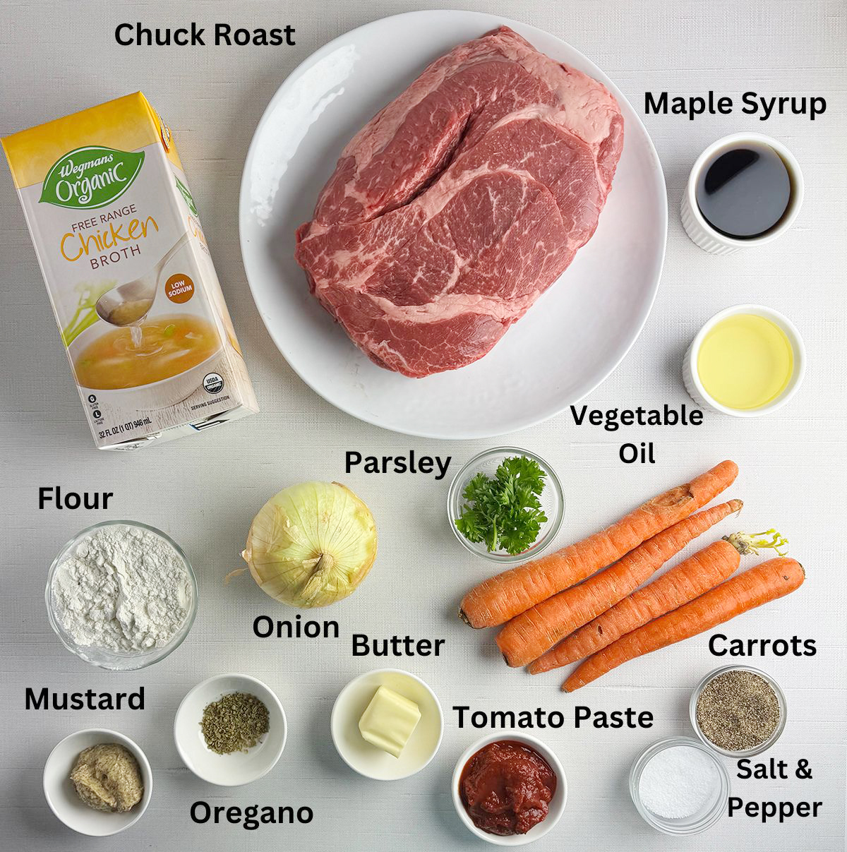 Ingredients needed for maple syrup pot roast.