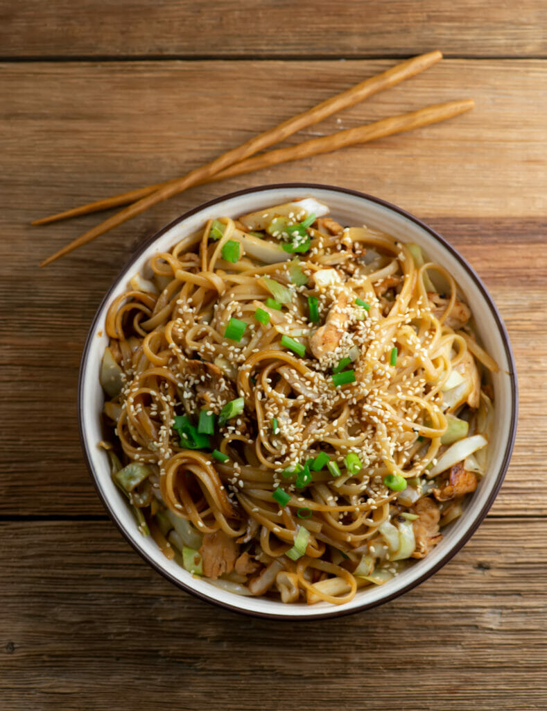 Longevity noodles in a bowl.
