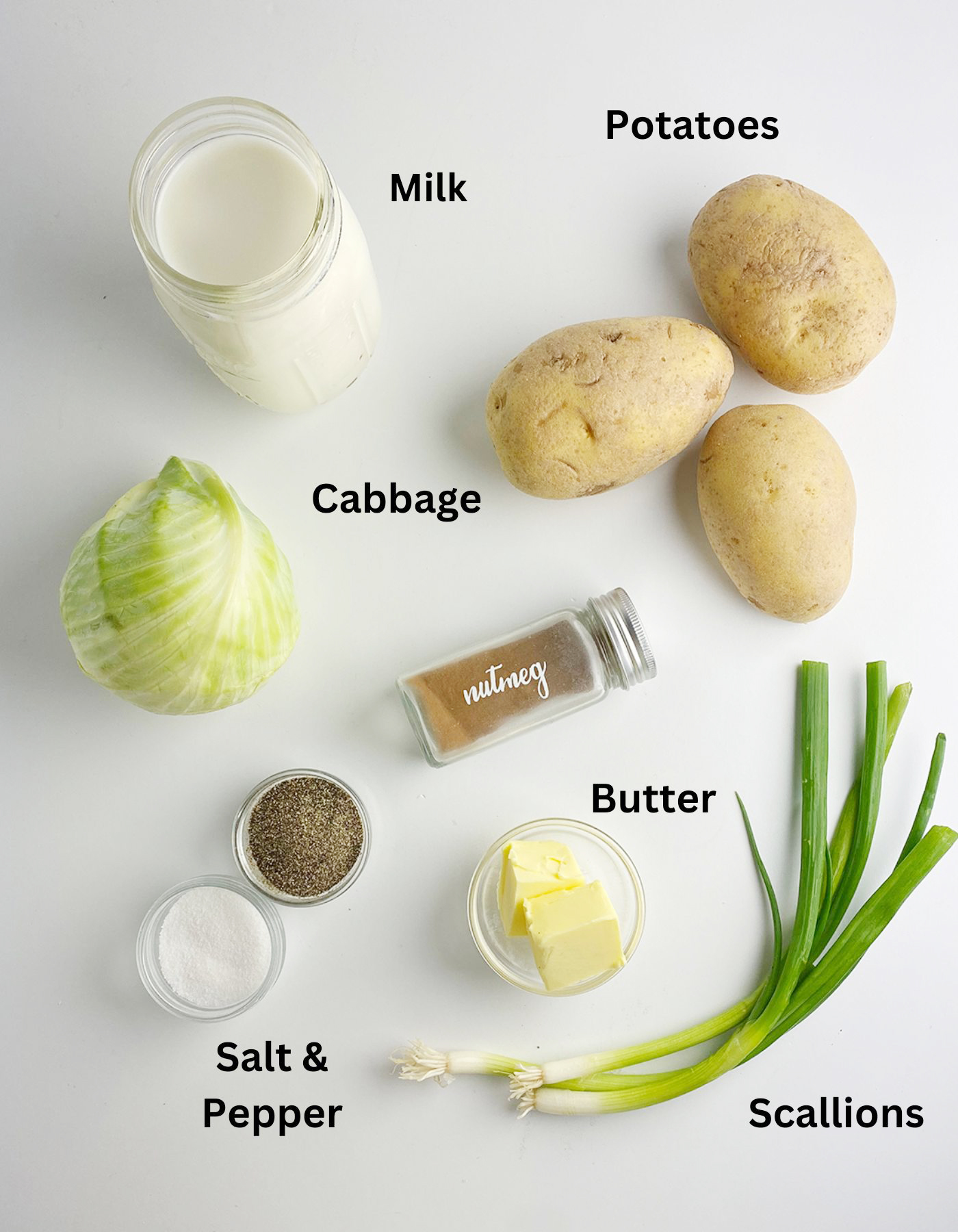 Ingredients needed to make Irish colcannon.