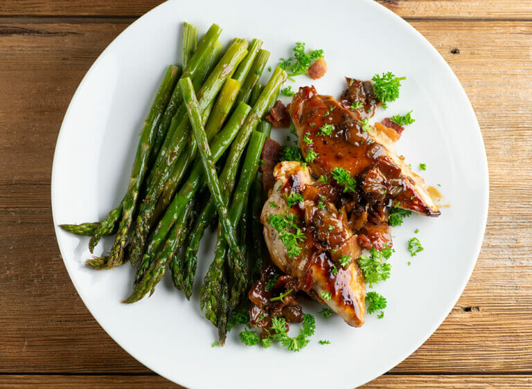 Chicken with bourbon bacon sauce.