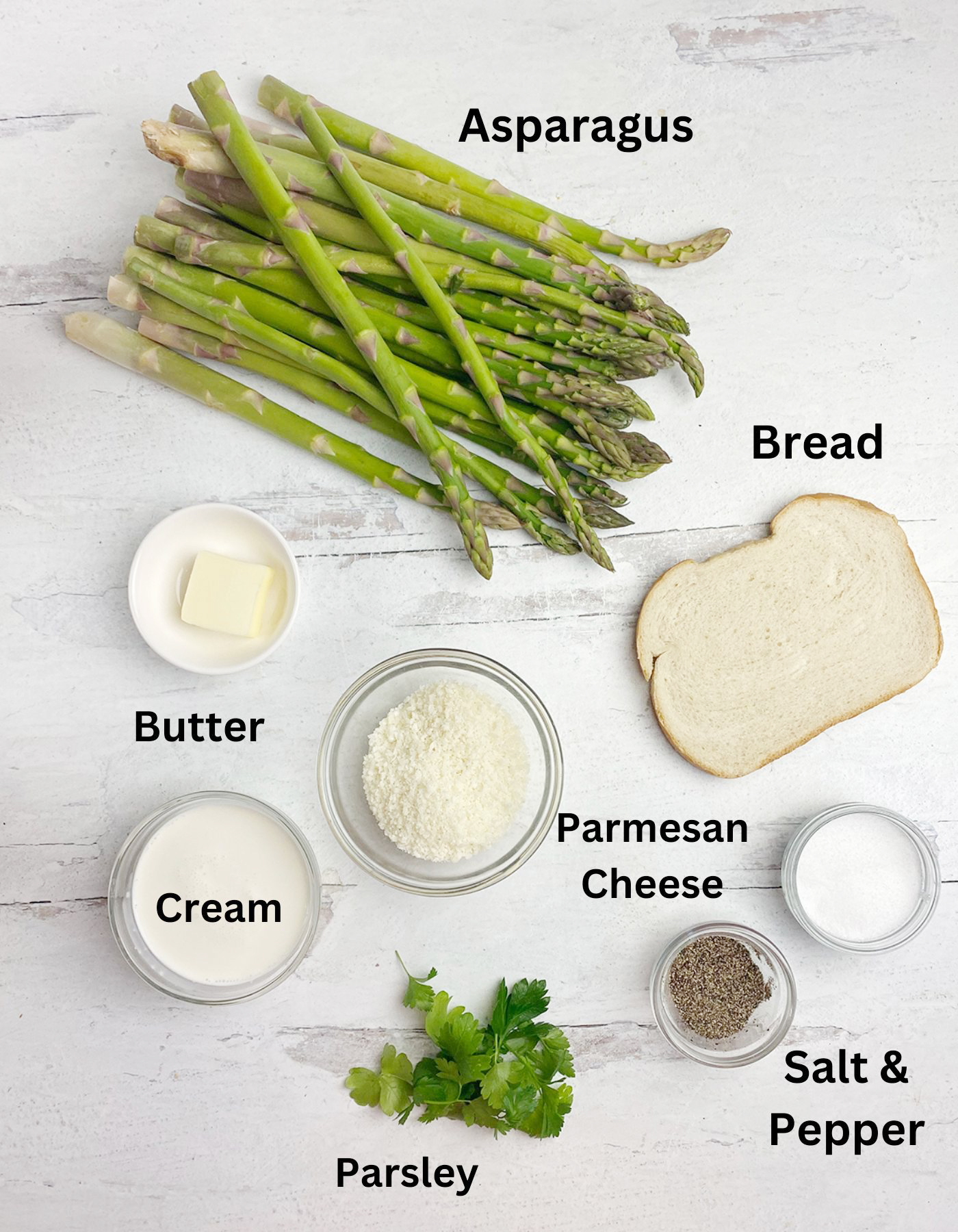 Ingredients needed for asparagus with parmesan breadcrumb sauce.