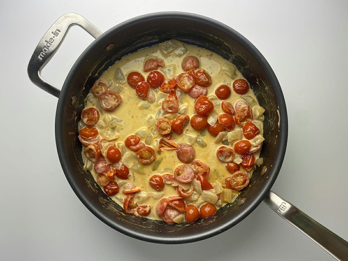 Creamy tomato sauce in a pan.