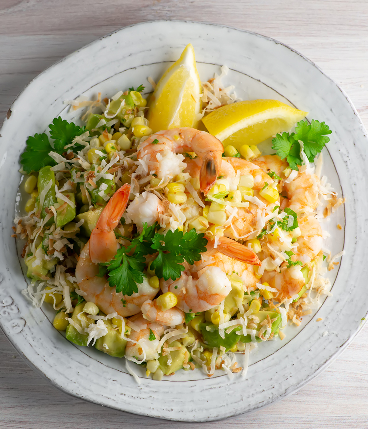 Coconut shrimp salad on a plate.
