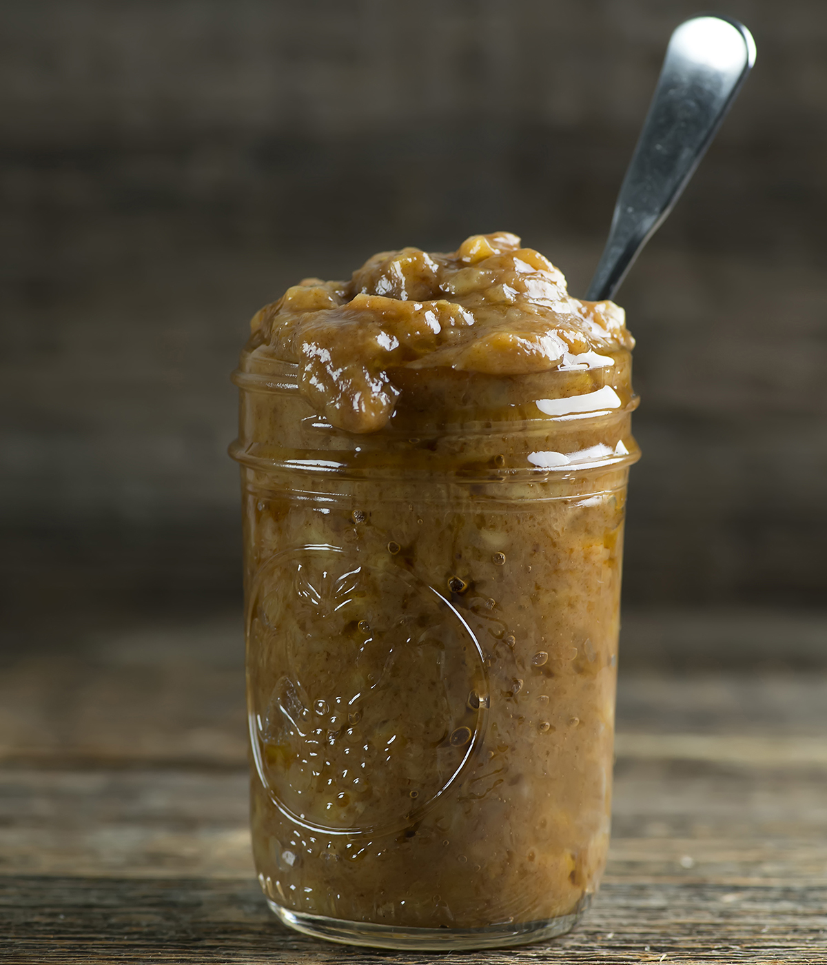 Cooked banana jam in a jar.