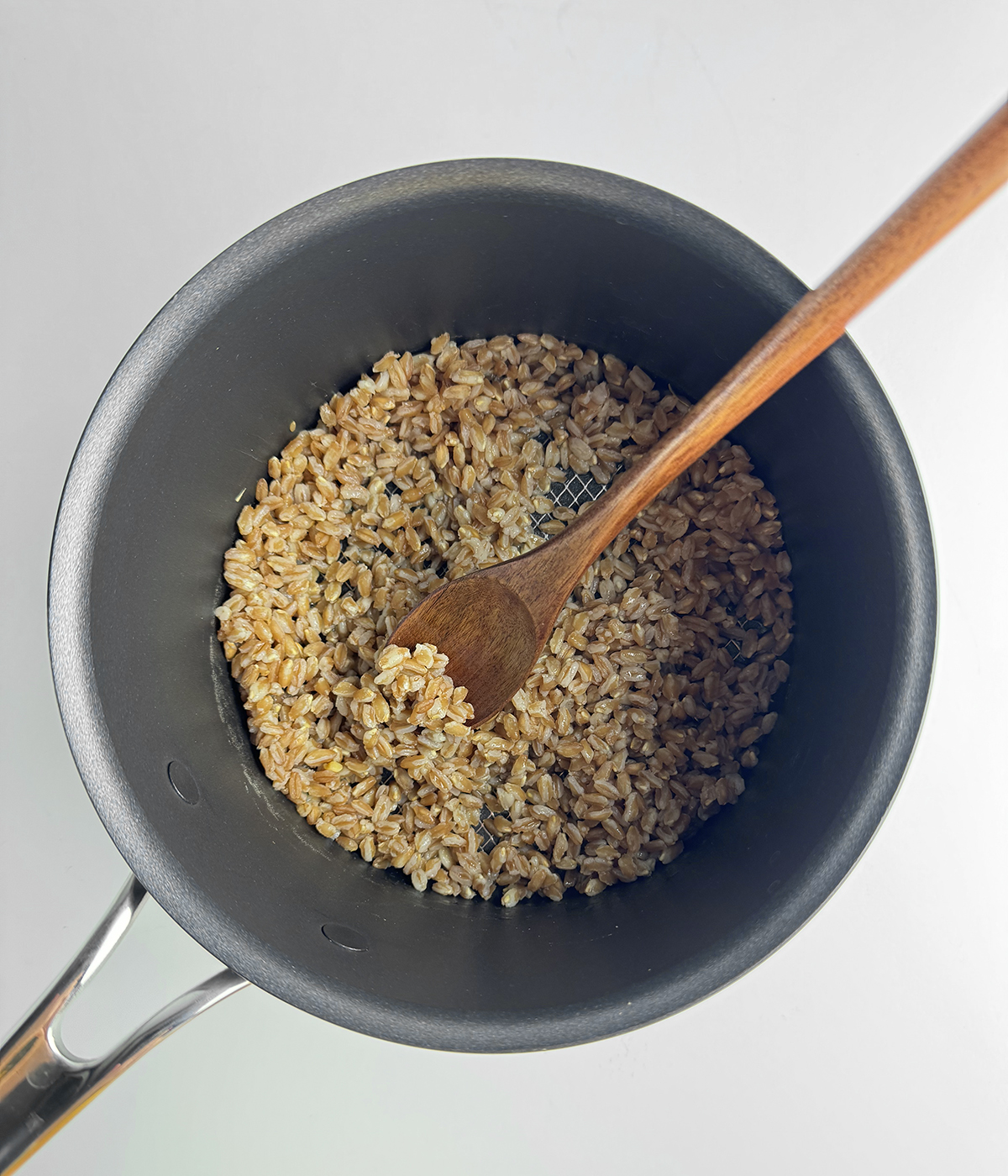 Cooked farro in a pot.