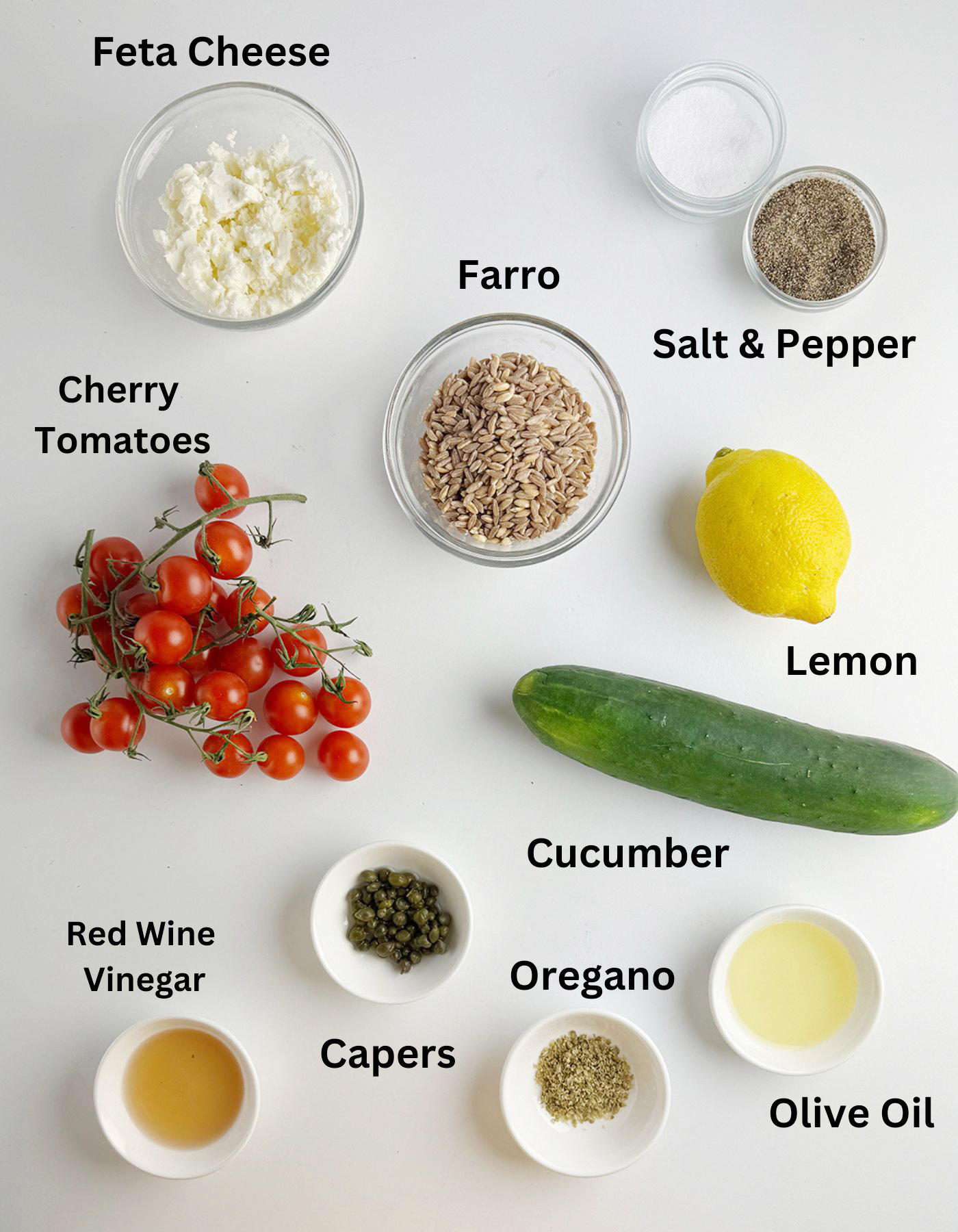 Ingredients needed for greek grain salad.