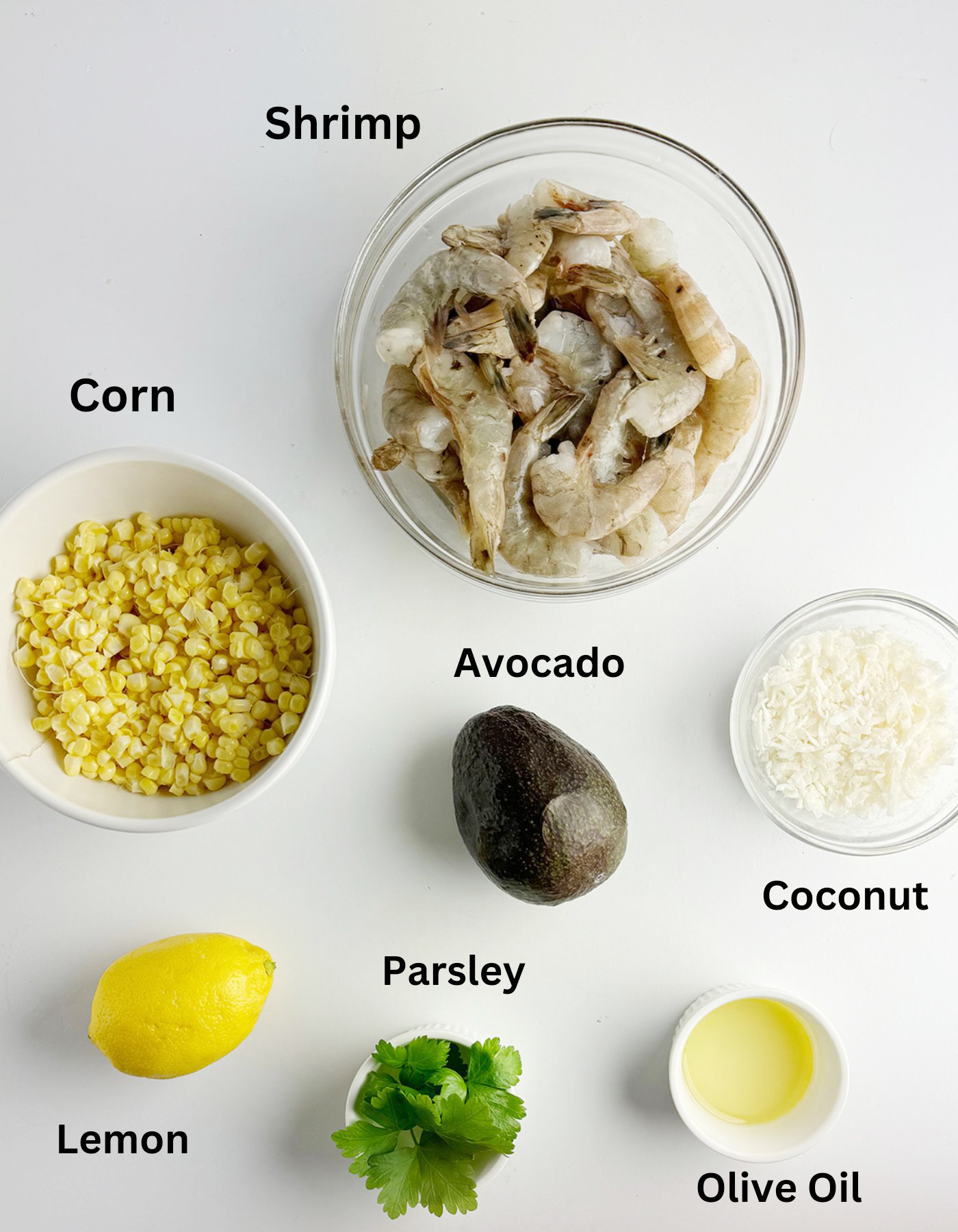Ingredients needed for coconut shrimp salad.
