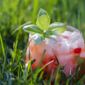 Strawberry basil margarita in the grass.