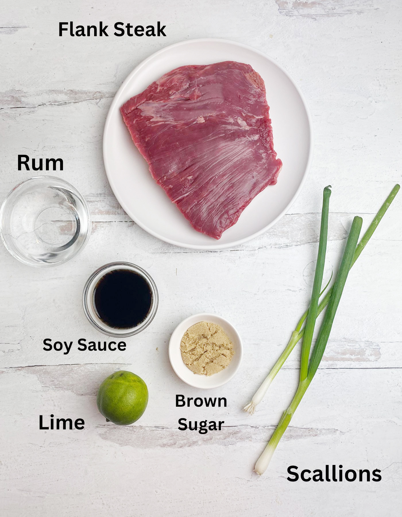 Ingredients for rum steak on a wooden counter.