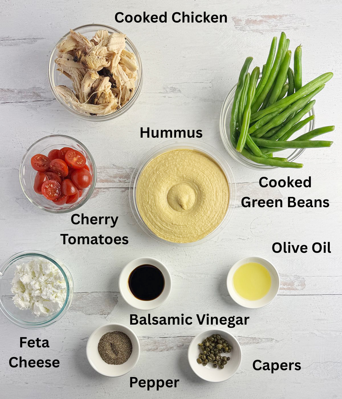 Ingredients needed to make chicken hummus bowls.