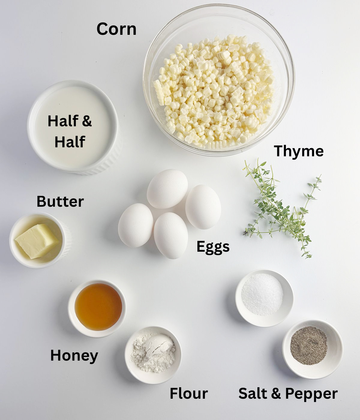 Ingredients needed for corn honey quiche.