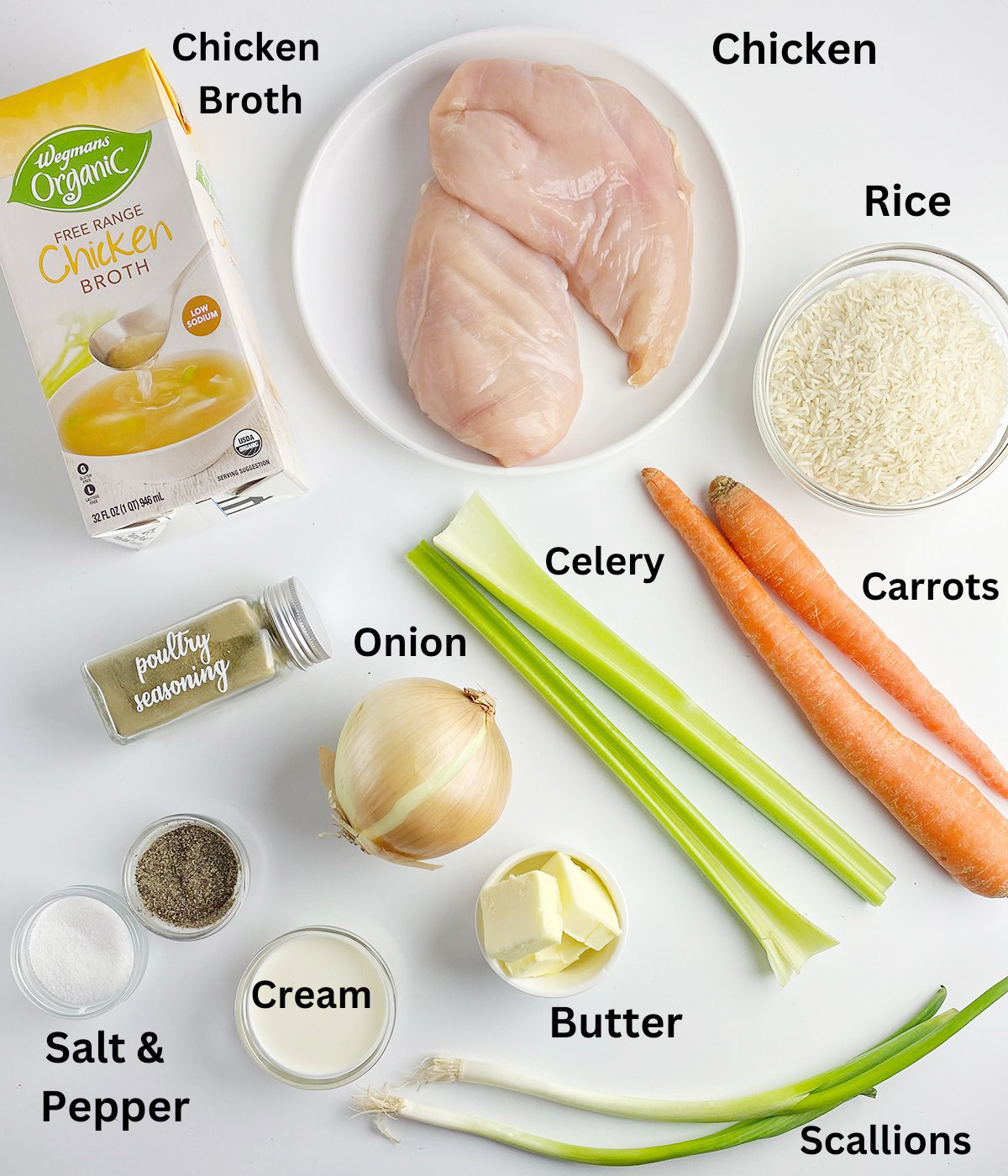 Ingredients needed for stovetop chicken and rice.
