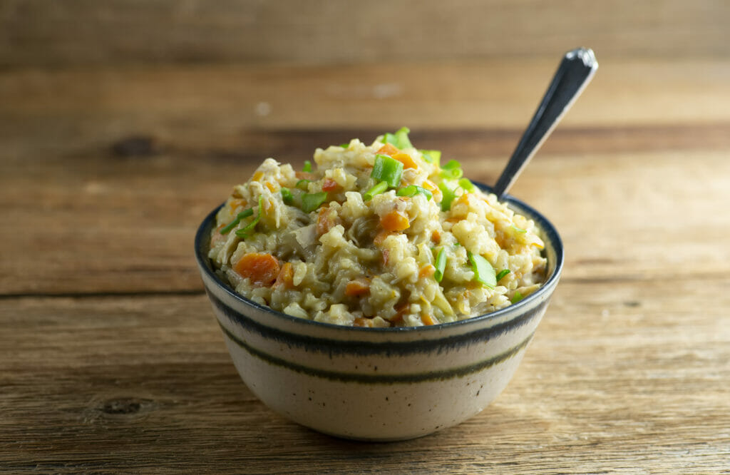 Stovetop Chicken and Rice in a bowl with a spoon.