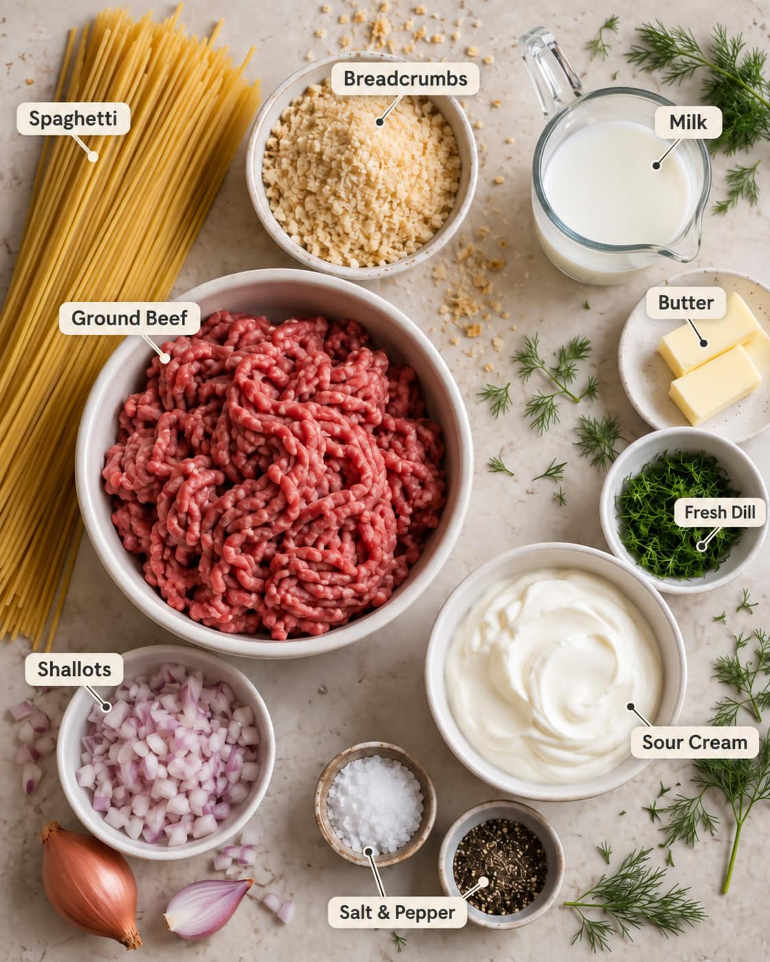Beef stroganoff ingredients.