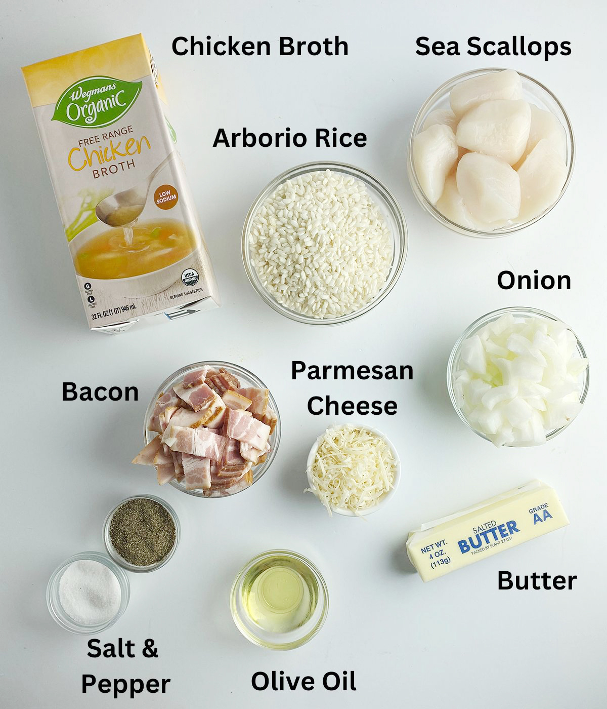 Ingredients needed for bacon scallop risotto.