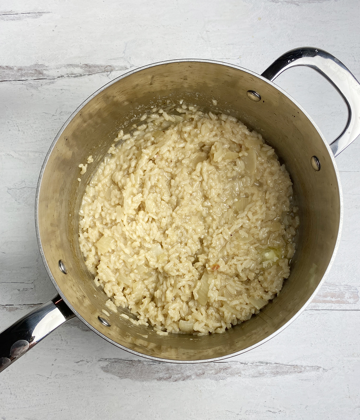 Cooked risotto in a pot.