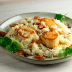 Bacon scallop risotto on a plate.