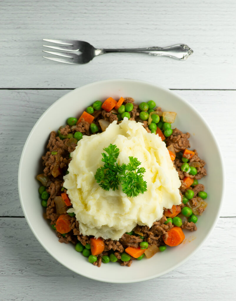 Skillet shepherd's pie in a bowl.