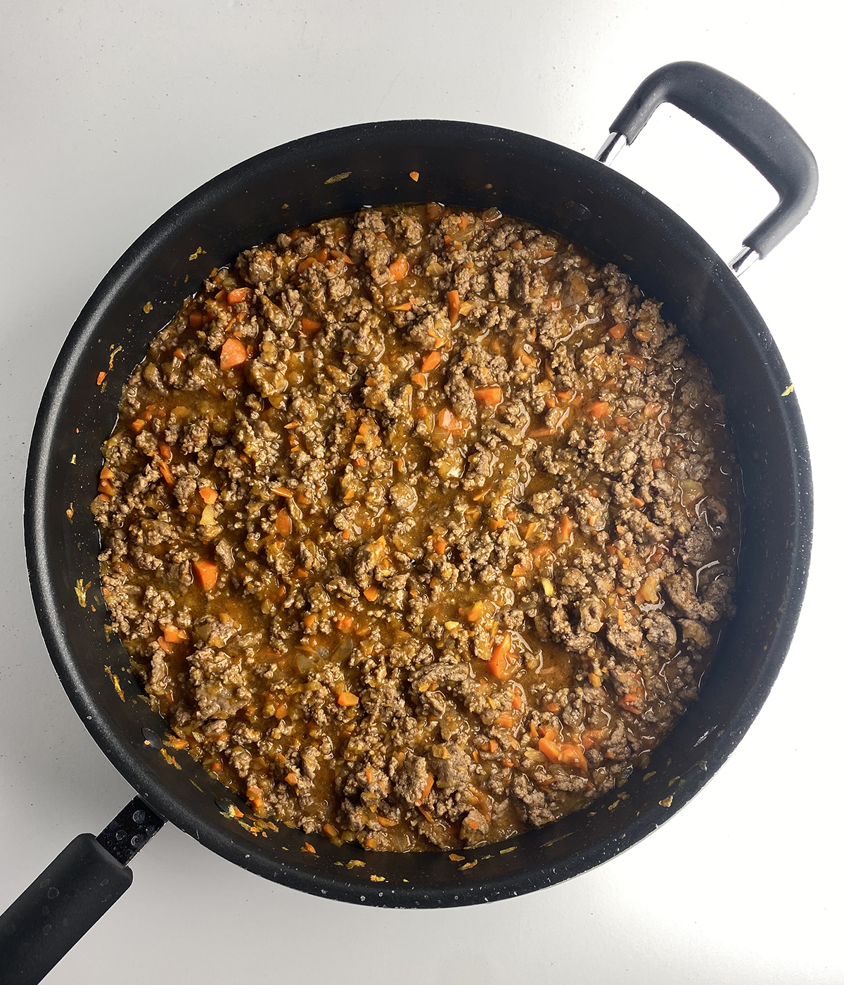 Skillet shepherd's pie meat filling in a pan.