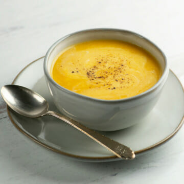 Butternut Cheddar Soup in a bowl.