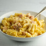 Creamy Ham Macaroni and Cheese in a bowl with a fork.