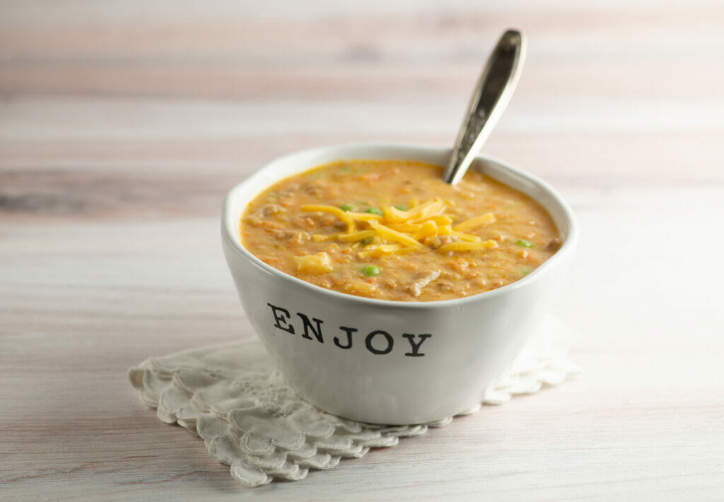 Shepherd's Pie Soup in a bowl with a spoon.