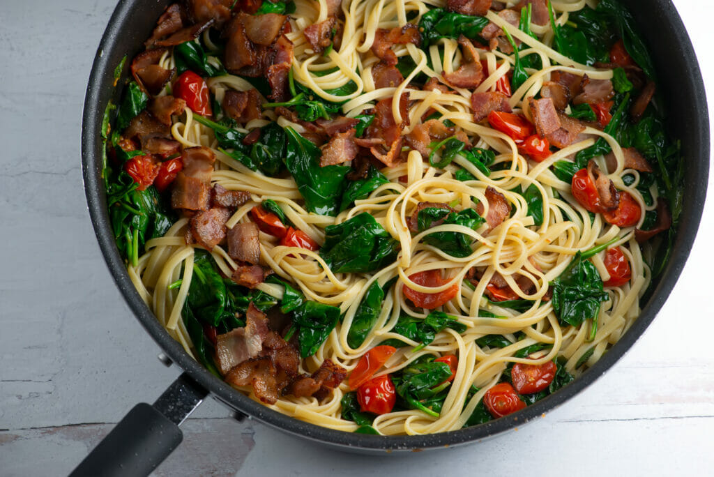 BLT Pasta in a skillet.