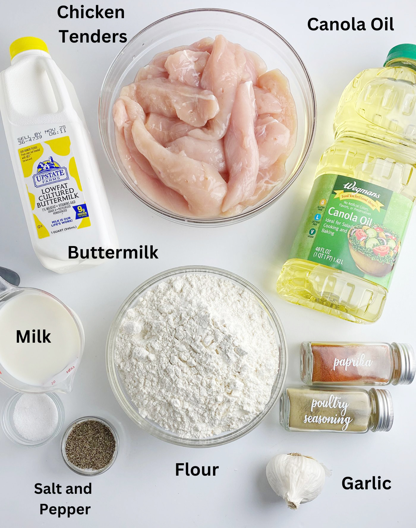 Ingredients needed to make buttermilk fried chicken tenders.