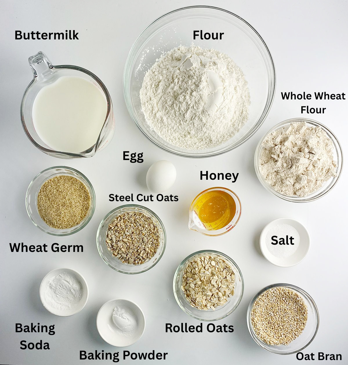 Ingredients needed to make Irish brown bread.