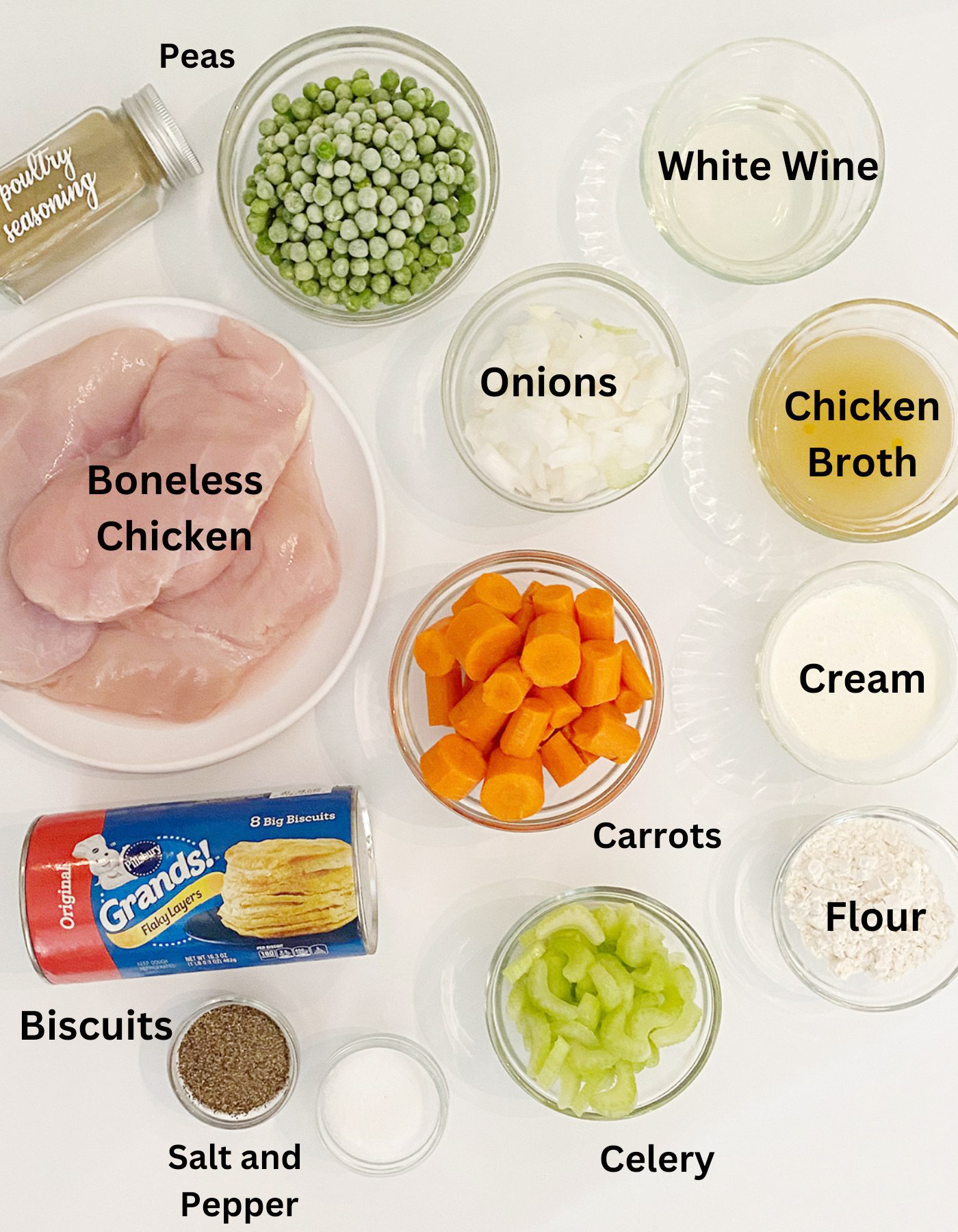 Ingredients needed to make slow cooker chicken and biscuits.