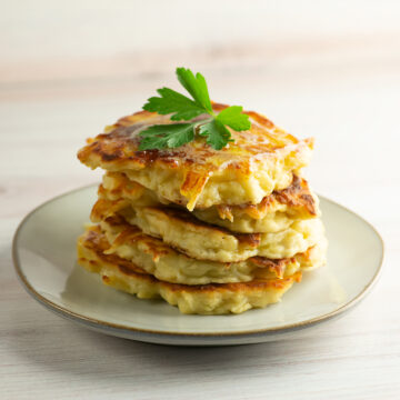 Irish Boxty Potatoes in a stack on a plate.