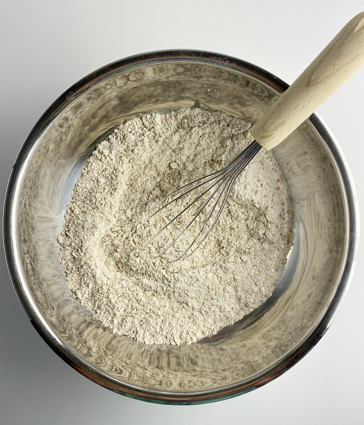Irish brown bread flour mixture in a mixing bowl.