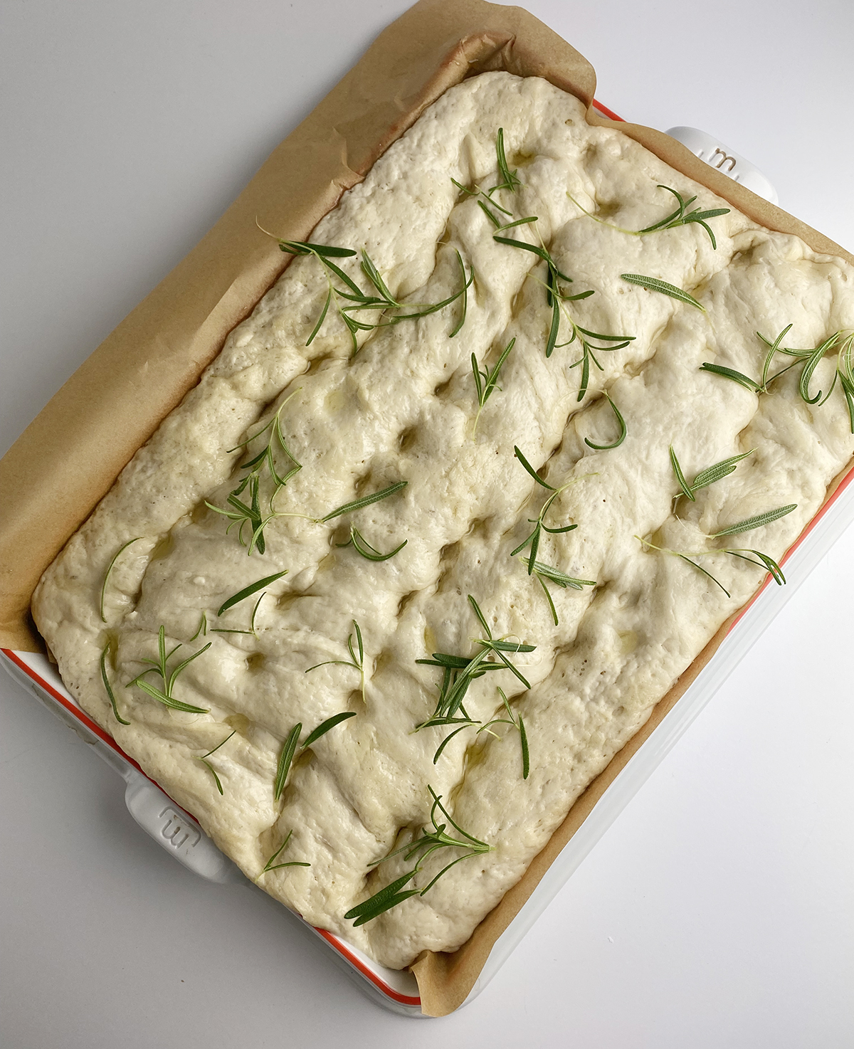 Focaccia dough ready for the oven.