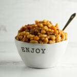 Bowl of Chili Mac with spoon.