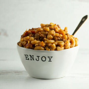 Bowl of Chili Mac with spoon.