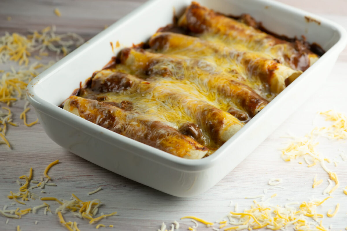 Chili Dog Casserole in a White Pan.