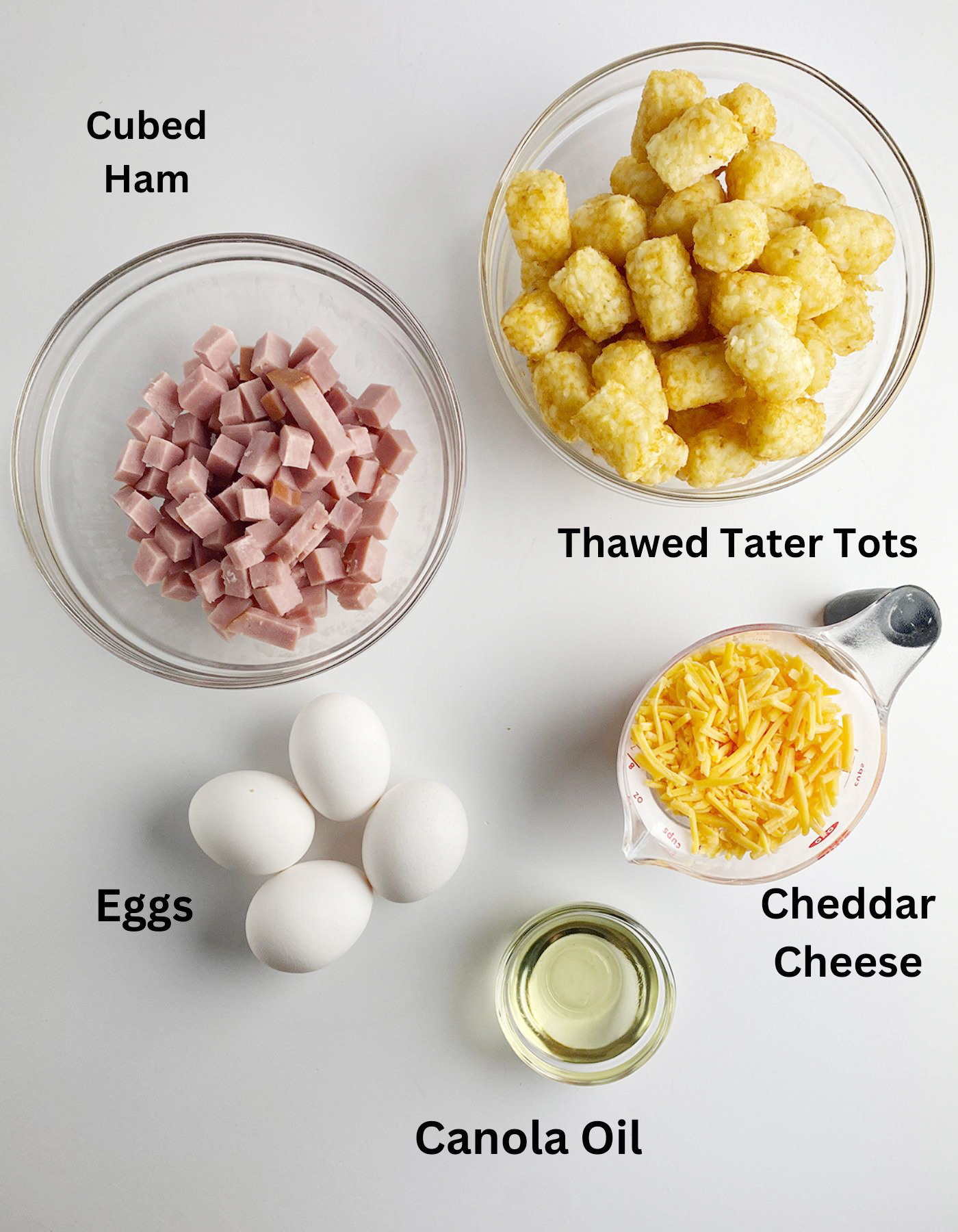 Ingredients for a ham and egg breakfast casserole.
