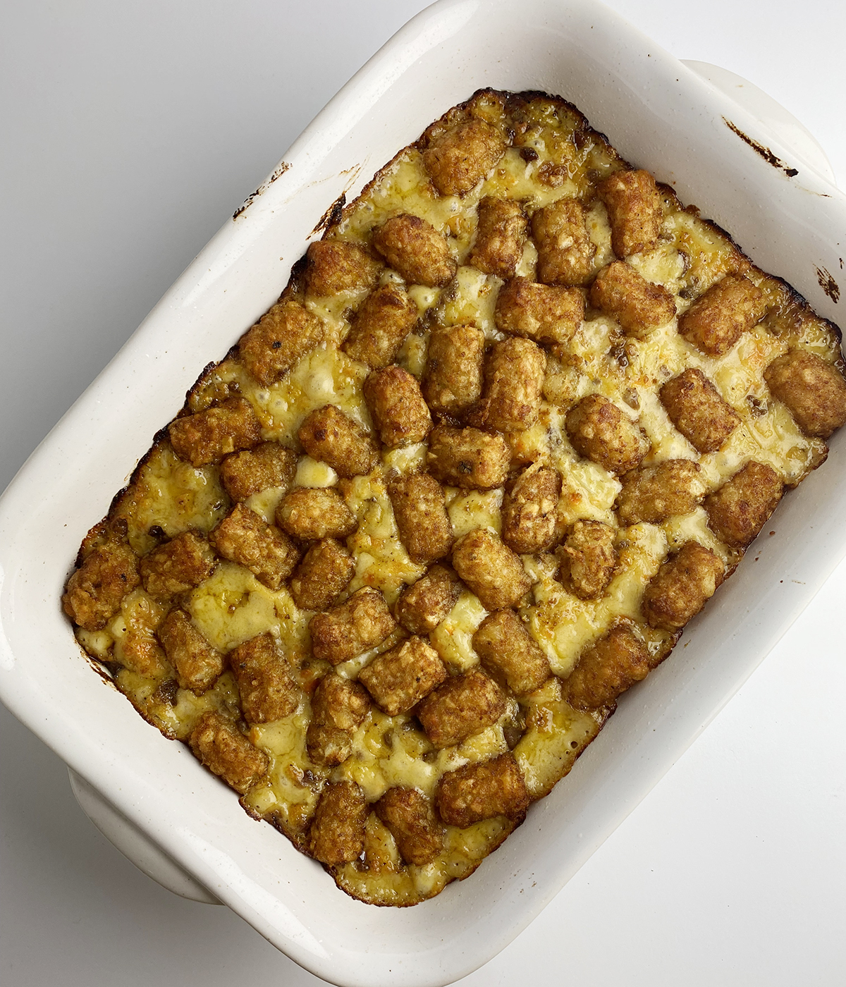 Baked Tater Tot Shepherd's Pie in a casserole dish.