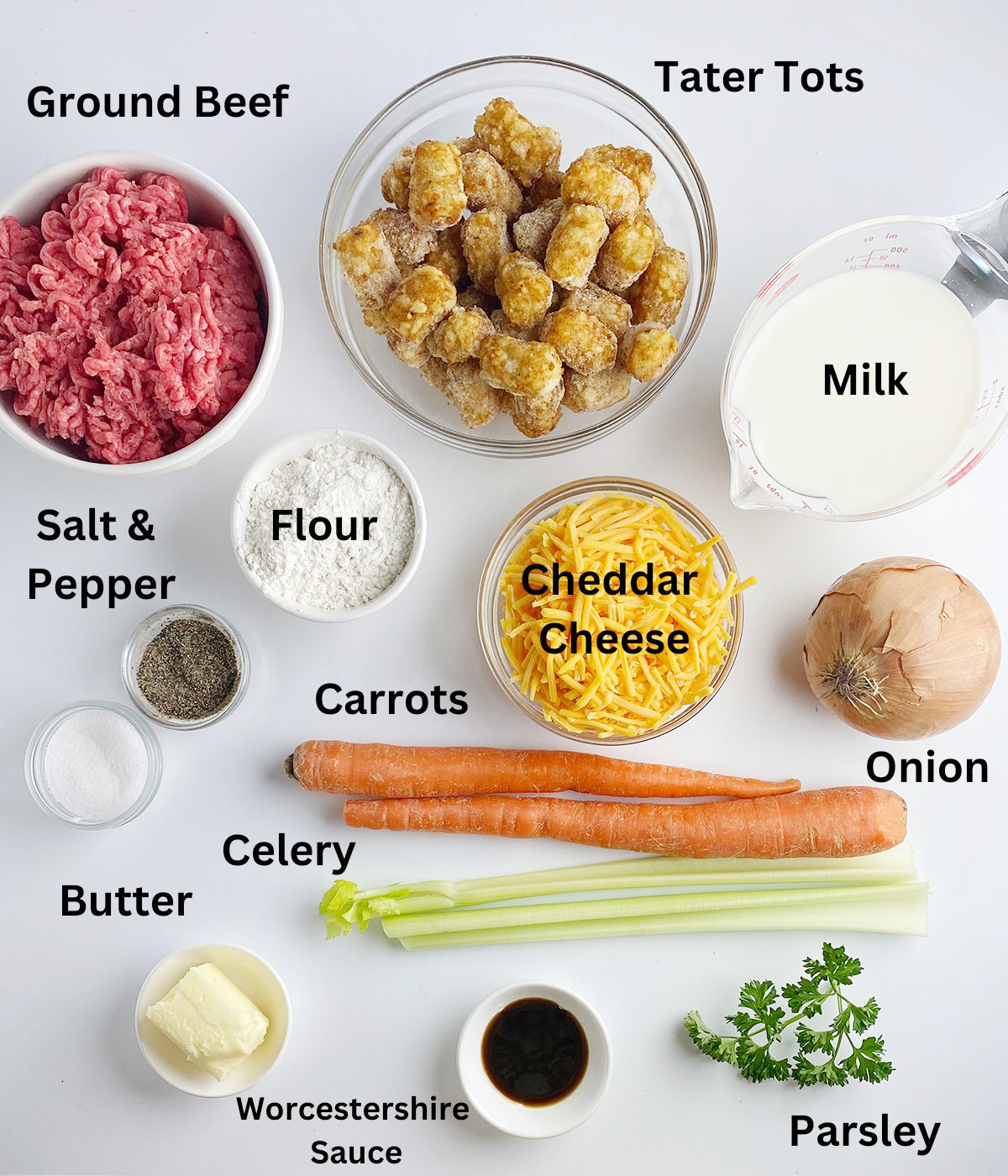 Ingredients needed for a Tater Tot Shepherd's pie.
