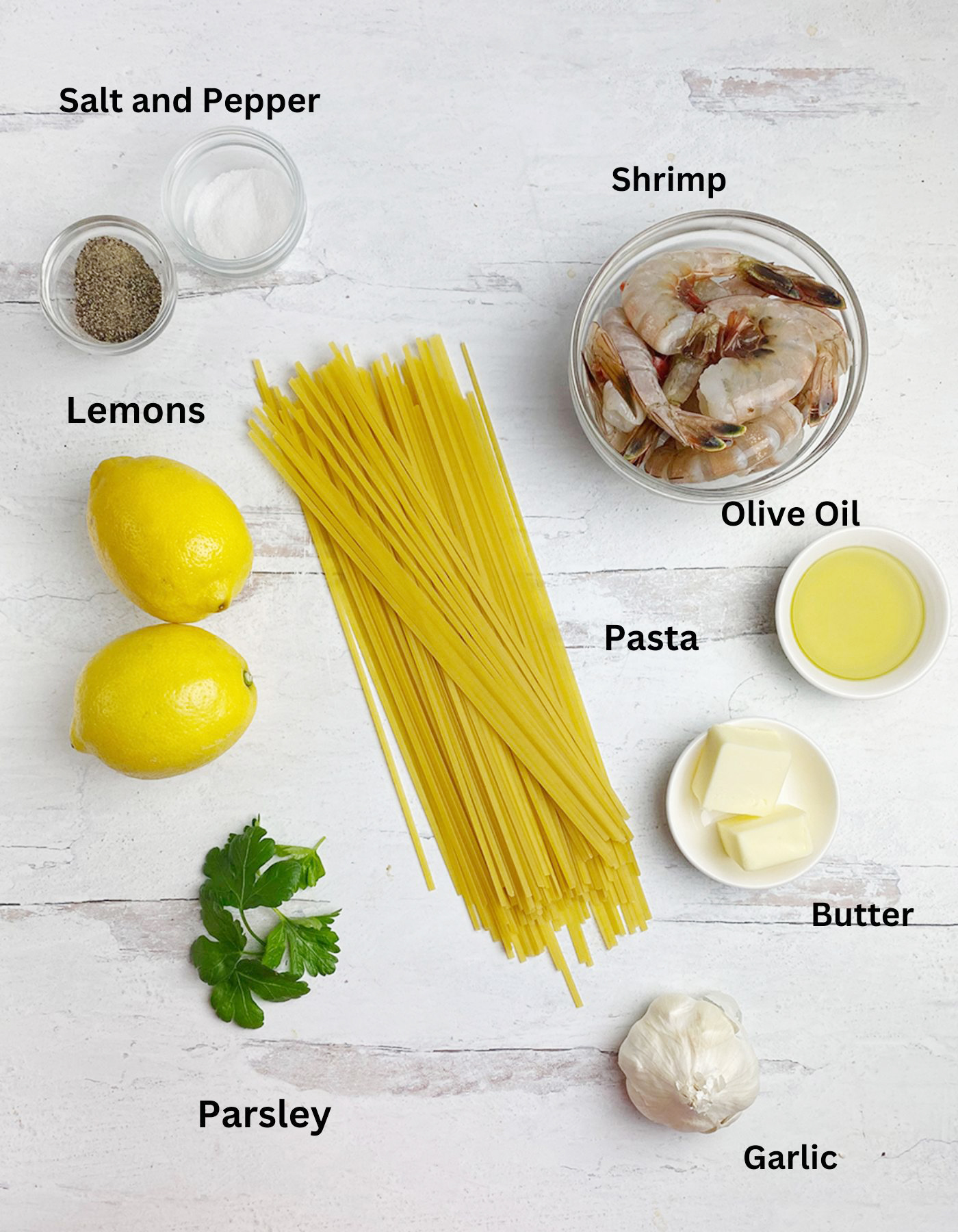 Ingredients needed for lemon shrimp pasta.