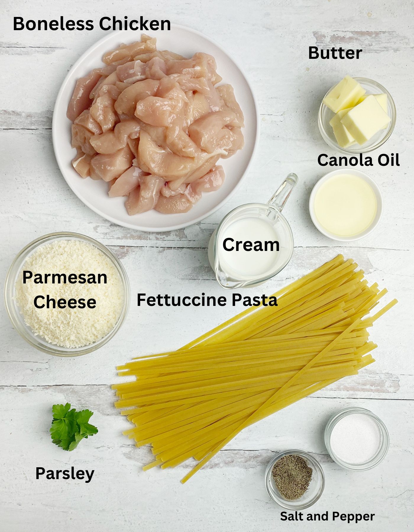 Ingredients needed for Chicken Fettuccine Alfredo.